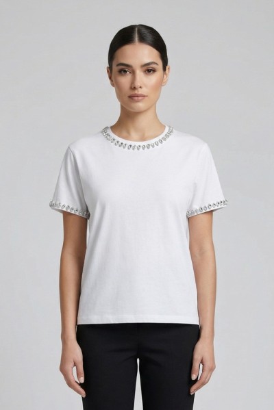 Fresh Flower t-shirt in cotone con strass su scollo e maniche FD556 [a02b66c0]