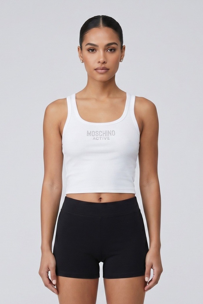 Moschino canotta in cotone stretch con logo strass V6A8911-4420 [f0e21817]