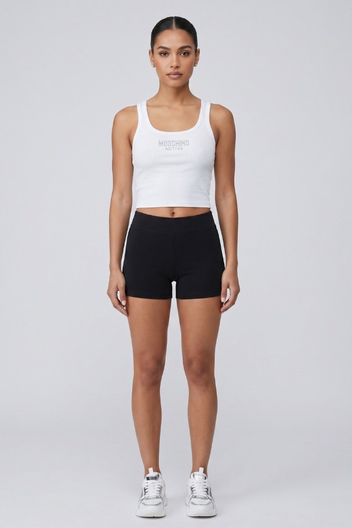 Moschino canotta in cotone stretch con logo strass V6A8911-4420 [9ed99a1e]