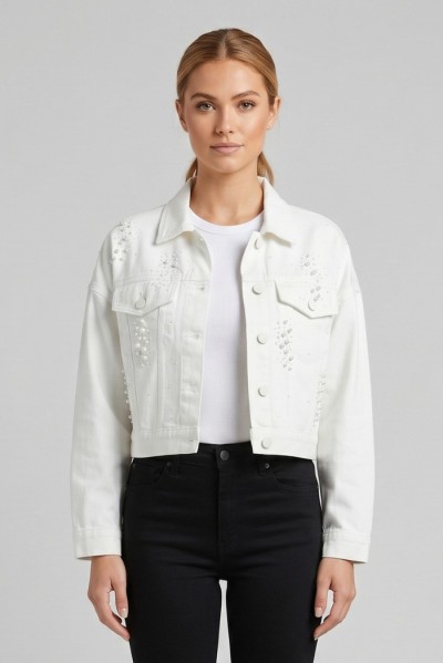 Influencer giacca in denim con applicazioni perle 05P144 [1dddba3a]